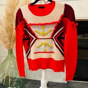 J. Crew Wool Moroccan Tapestry Sweater w Red Tassels & Yellow puff ball patterns